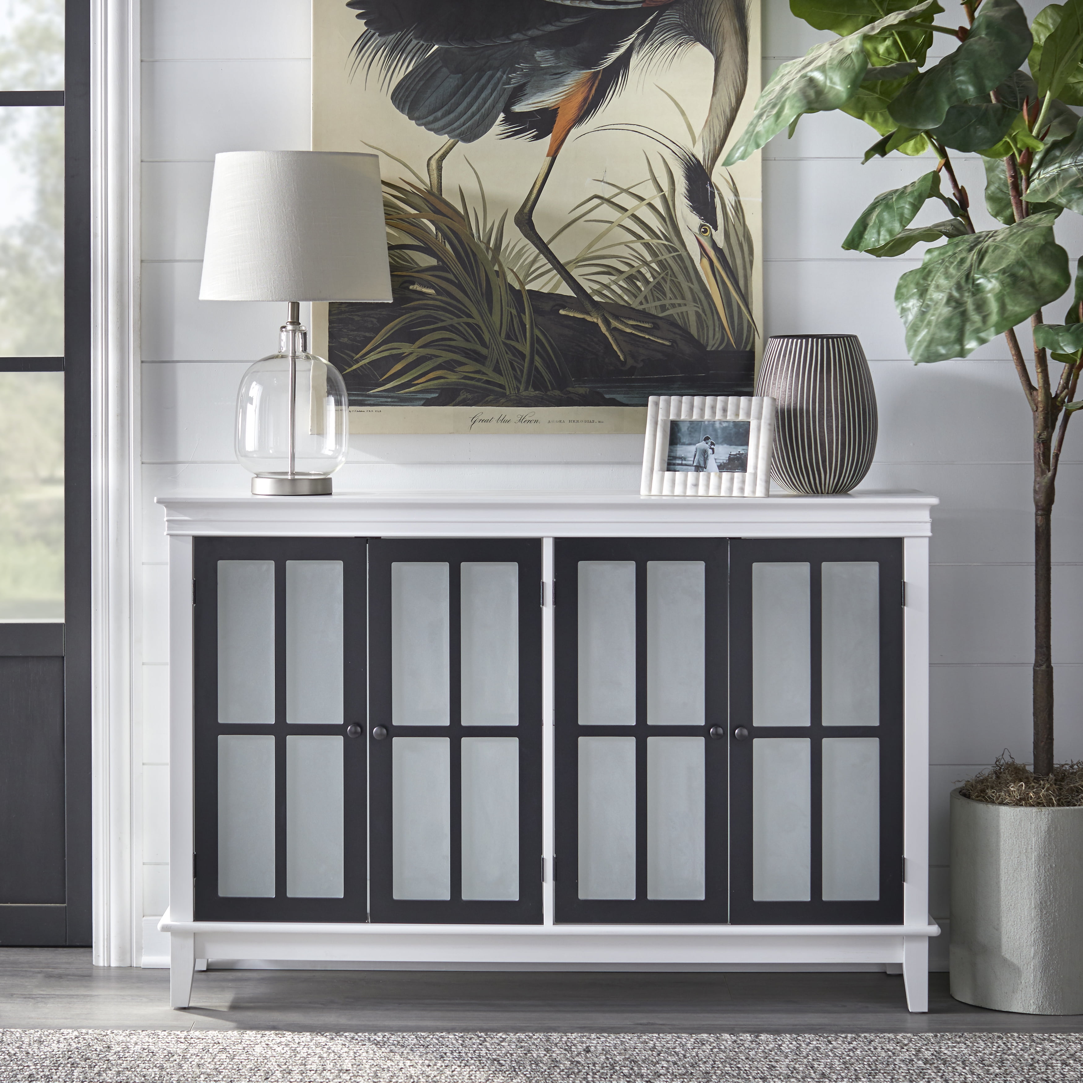 Hampshire Modern Farmhouse 58" White & Black Buffet with Glass Doors