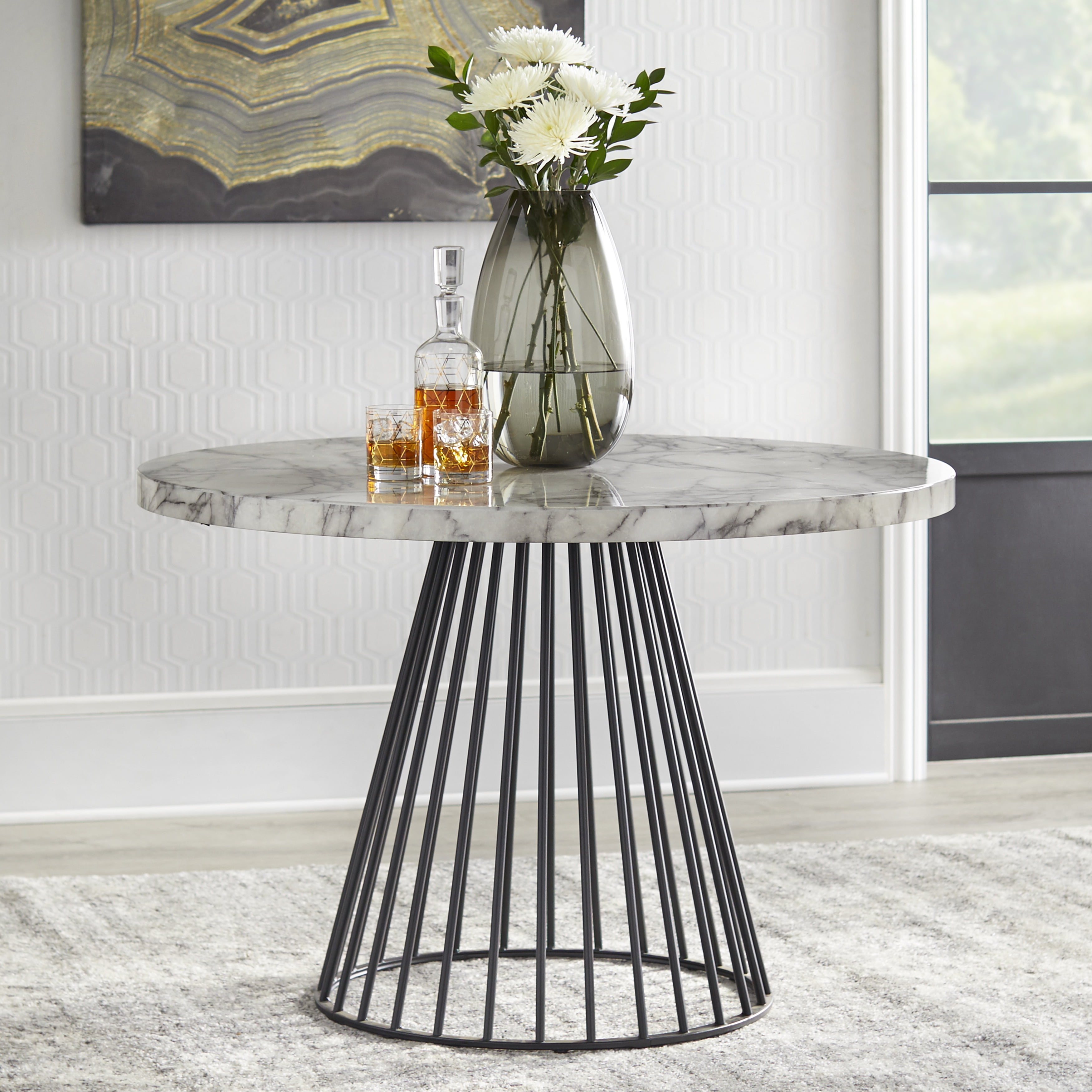 Indra 45" Round Black Metal and Faux Marble Dining Table