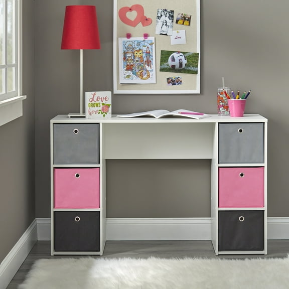 TMS Kids Contemporary Student Writing Desk with Storage Bins, White/Pink