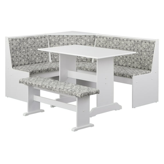 TMS Lacey 3-Piece Corner Reversible Indoor Dining Breakfast Nook with Padded Seats, Includes Nook, Table and Bench, White/Gray Geometric Pattern