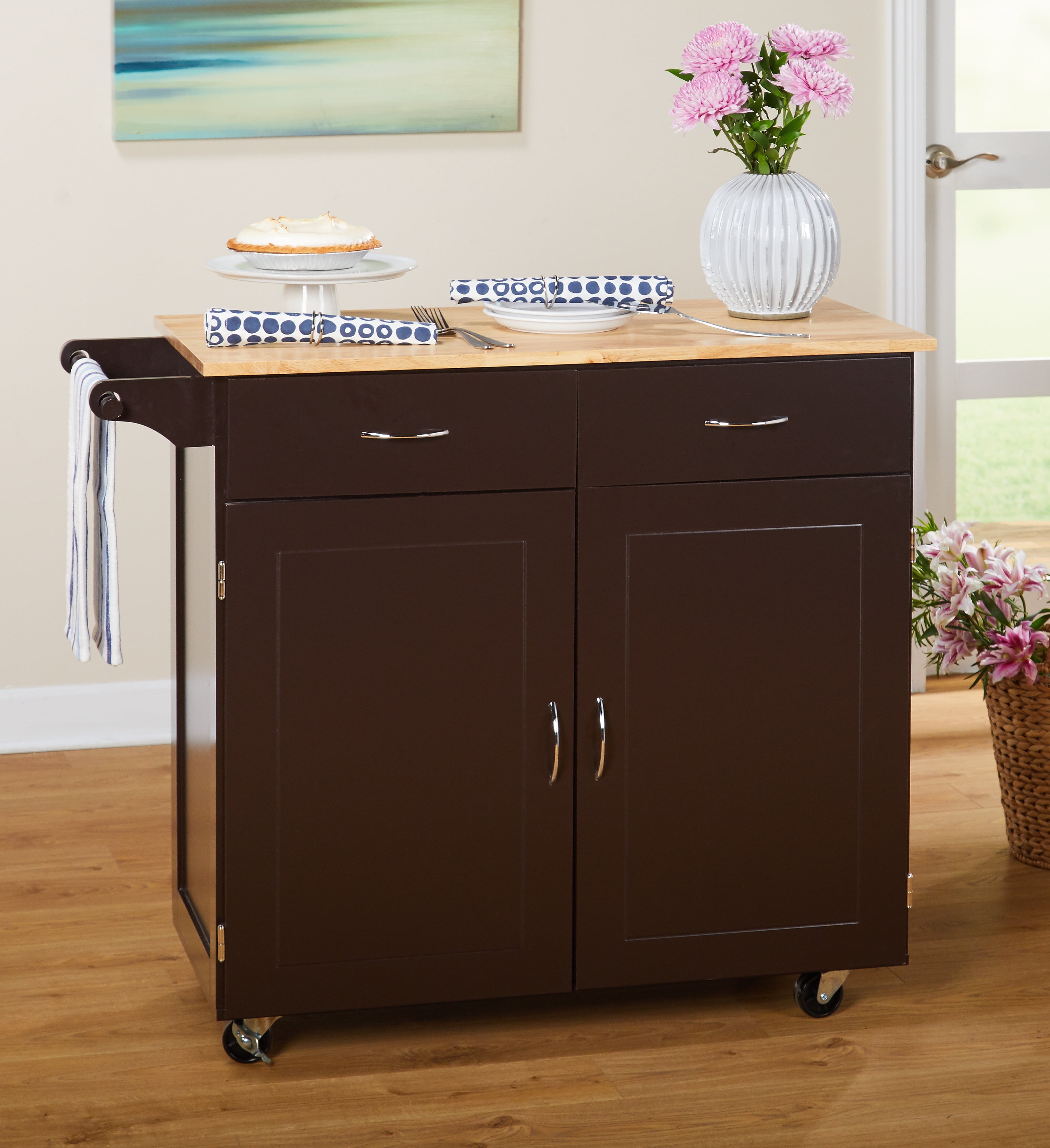 TMS Large Kitchen Cart with Rubber wood Top, Espresso