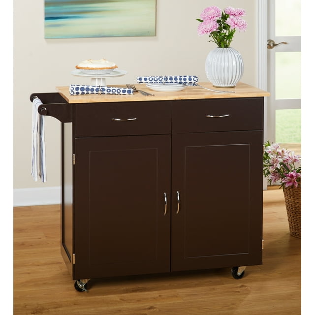 TMS Large Kitchen Cart with Rubber wood Top, Espresso
