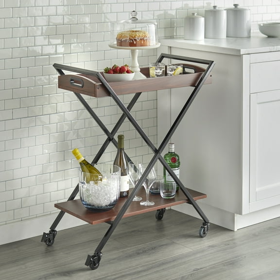 TMS Lester 2-Tier Metal and Wood Bar Cart with Locking Casters, Black/Walnut