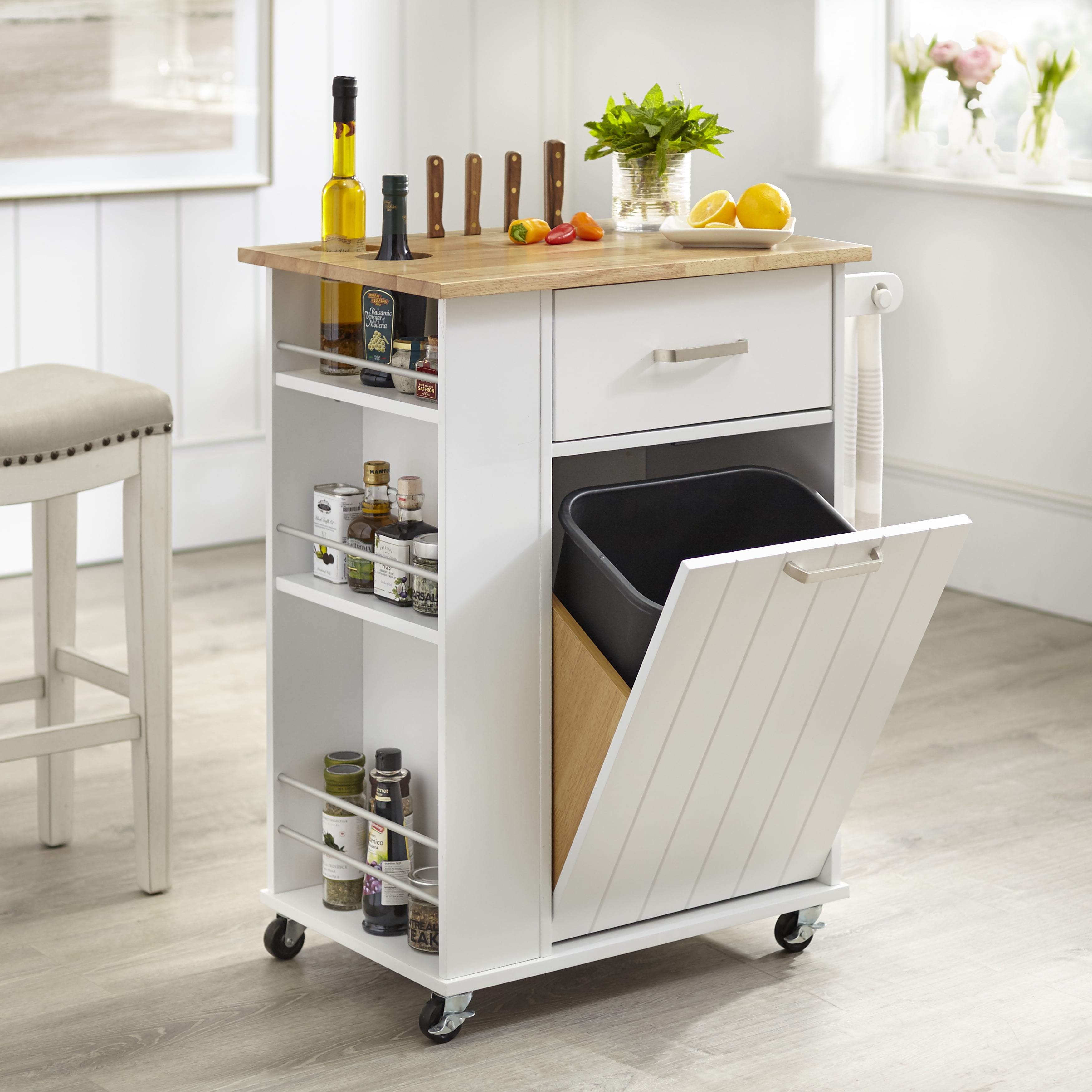 White MDF Kitchen Cart with Rubberwood Top and Spice Rack
