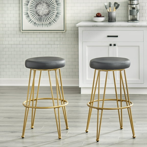 TMS Magnus Bar 24” High Backless Counter Stool, Set of 2, Black Faux Leather Seat/Gold Metal Frame