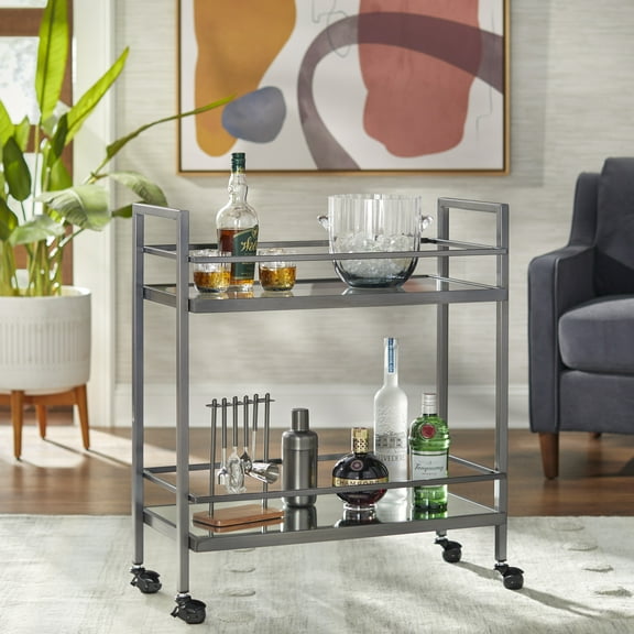 TMS Manhattan 2-Tier Metal Bar Cart with Mirrored Shelves, Pewter
