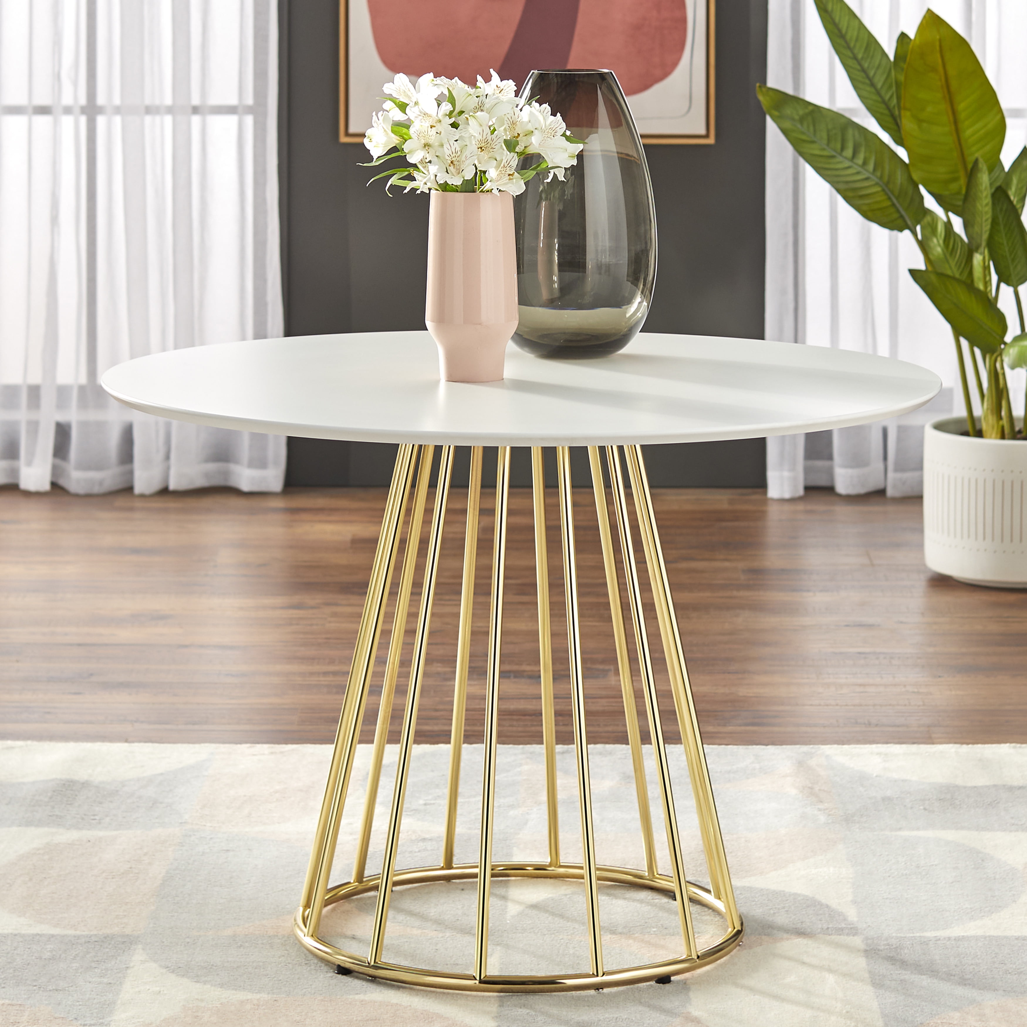 TMS Marsai Mid Century 43.3 in x 43.3 in x 29.9 in Round Metal Dining Table White Gold