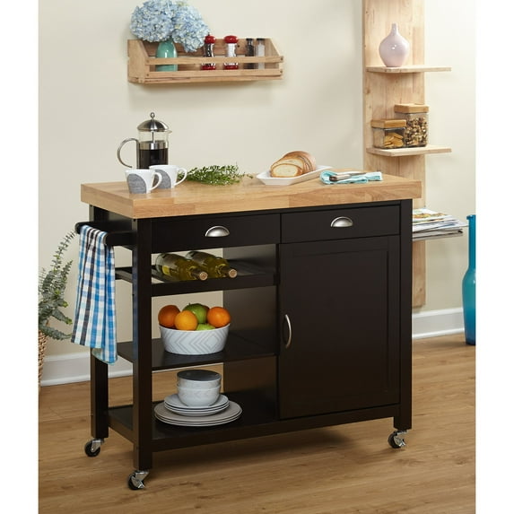 TMS Martha Butcher Block Rolling Kitchen Island with Cabinet, Drawers, Shelves, and Towel Rack, Black