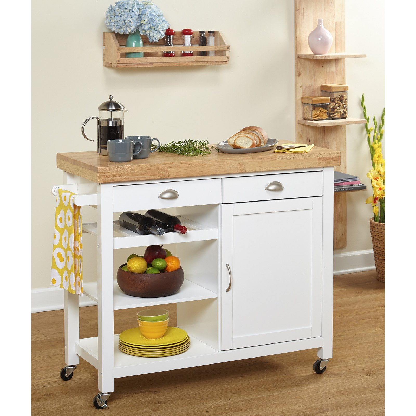 White and Natural Wood Butcher Block Kitchen Cart with Wine Rack