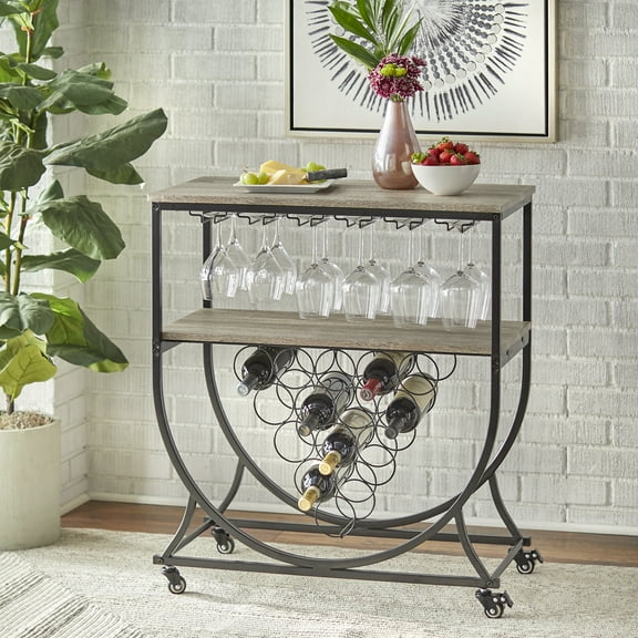 TMS Martino 2-Tier Metal Bar Cart with Wine Storage, Stemware Rack, and Casters, Black