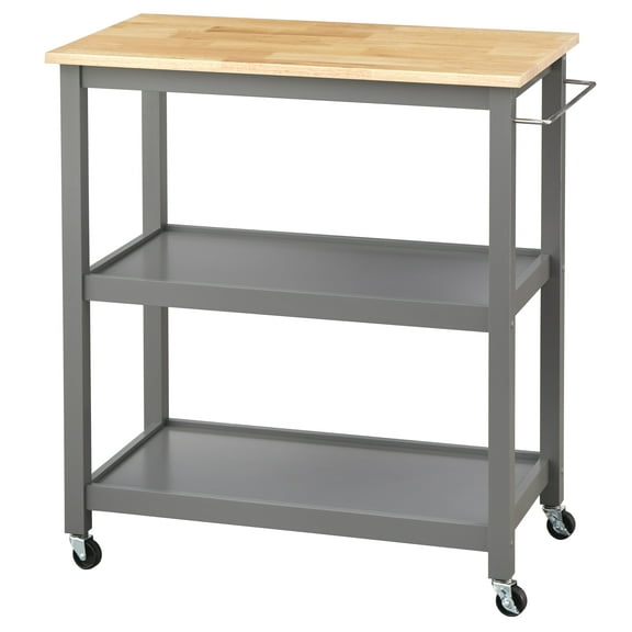 TMS Mylah 2-Tier Butcher Block Rolling Kitchen Storage Cart with Towel Rack, Charcoal Gray