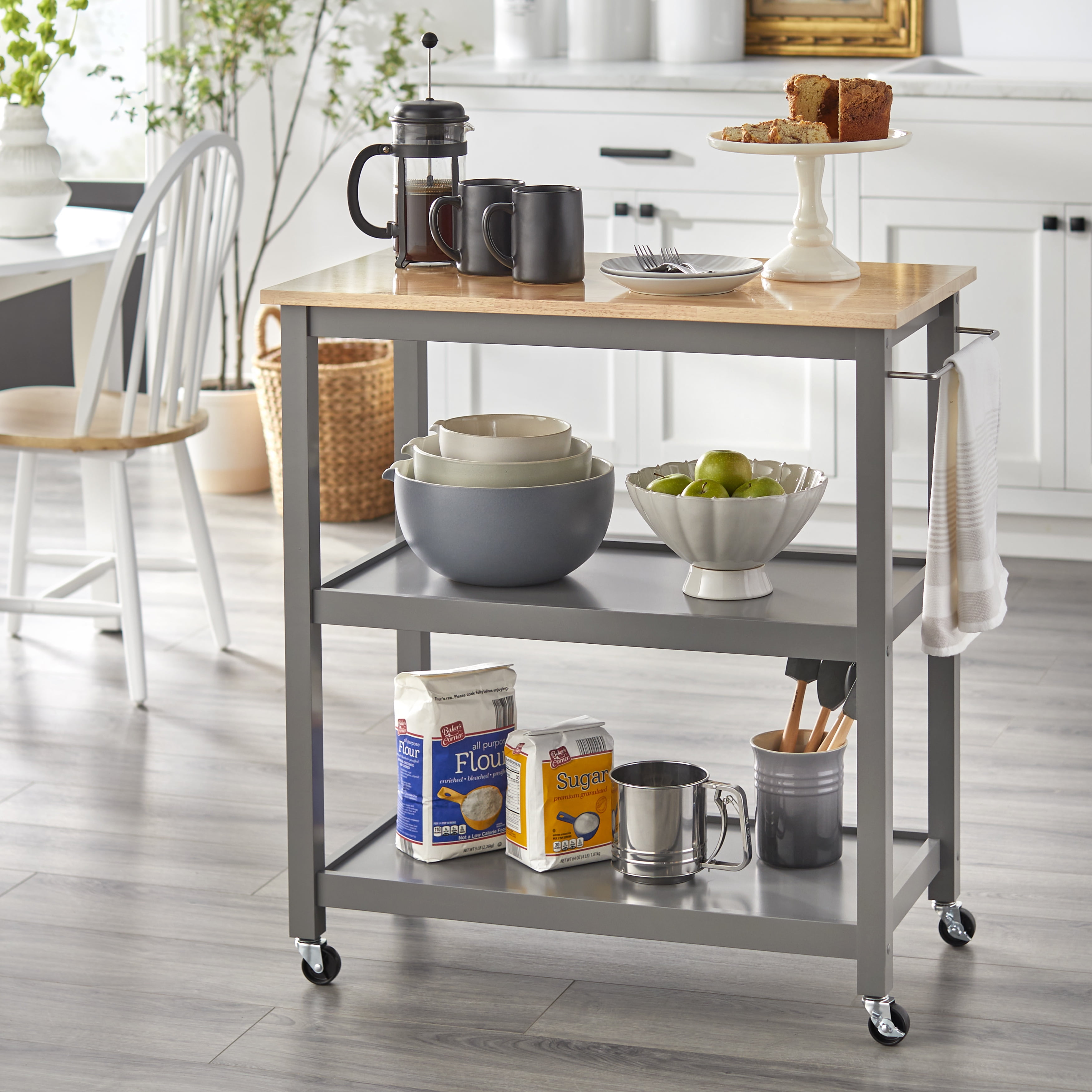 TMS Mylah 2Tier Rolling Kitchen Cart with Rubberwood Top, Charcoal