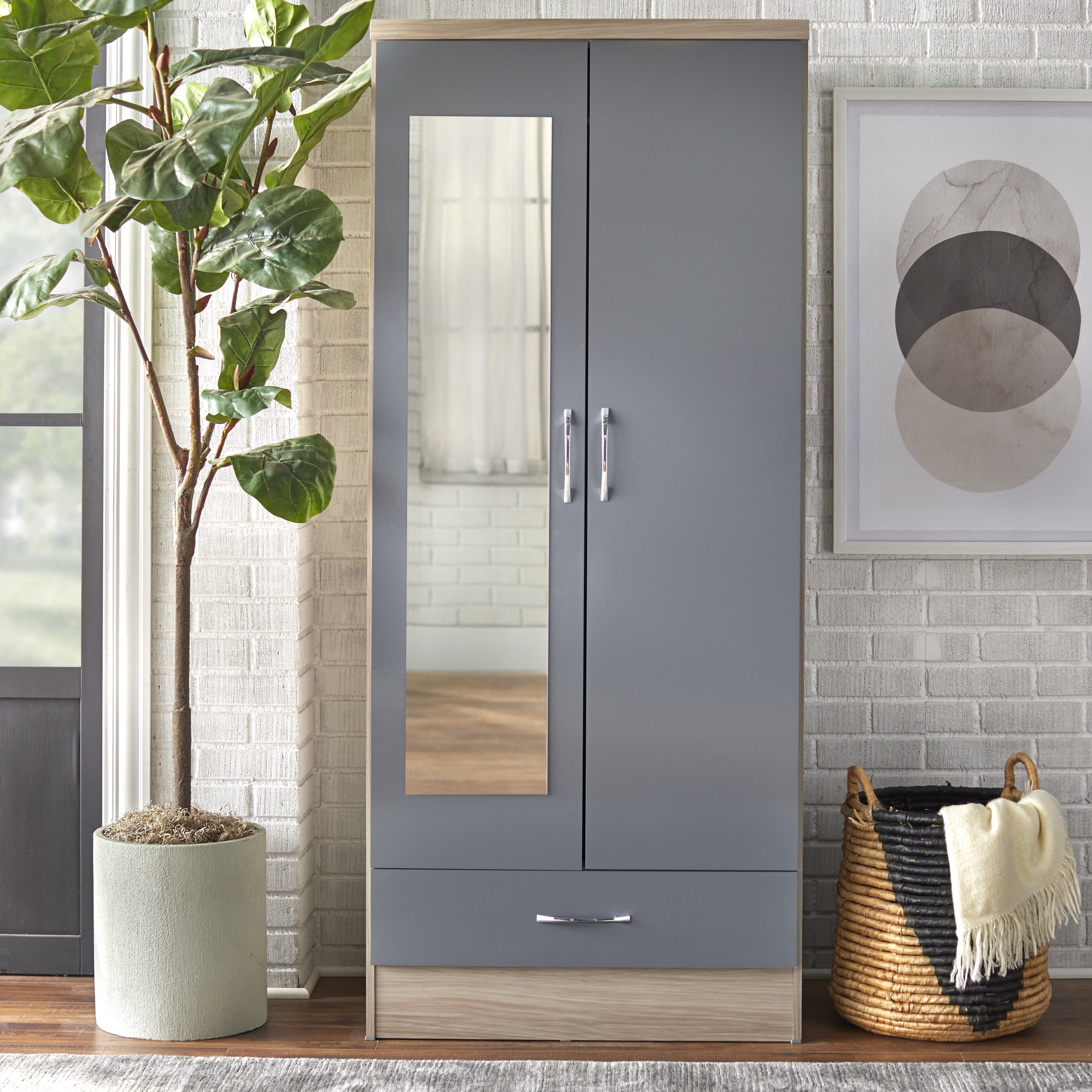 TMS Nevada Mirrored 2 Door Wardrobe, Gray and Natural