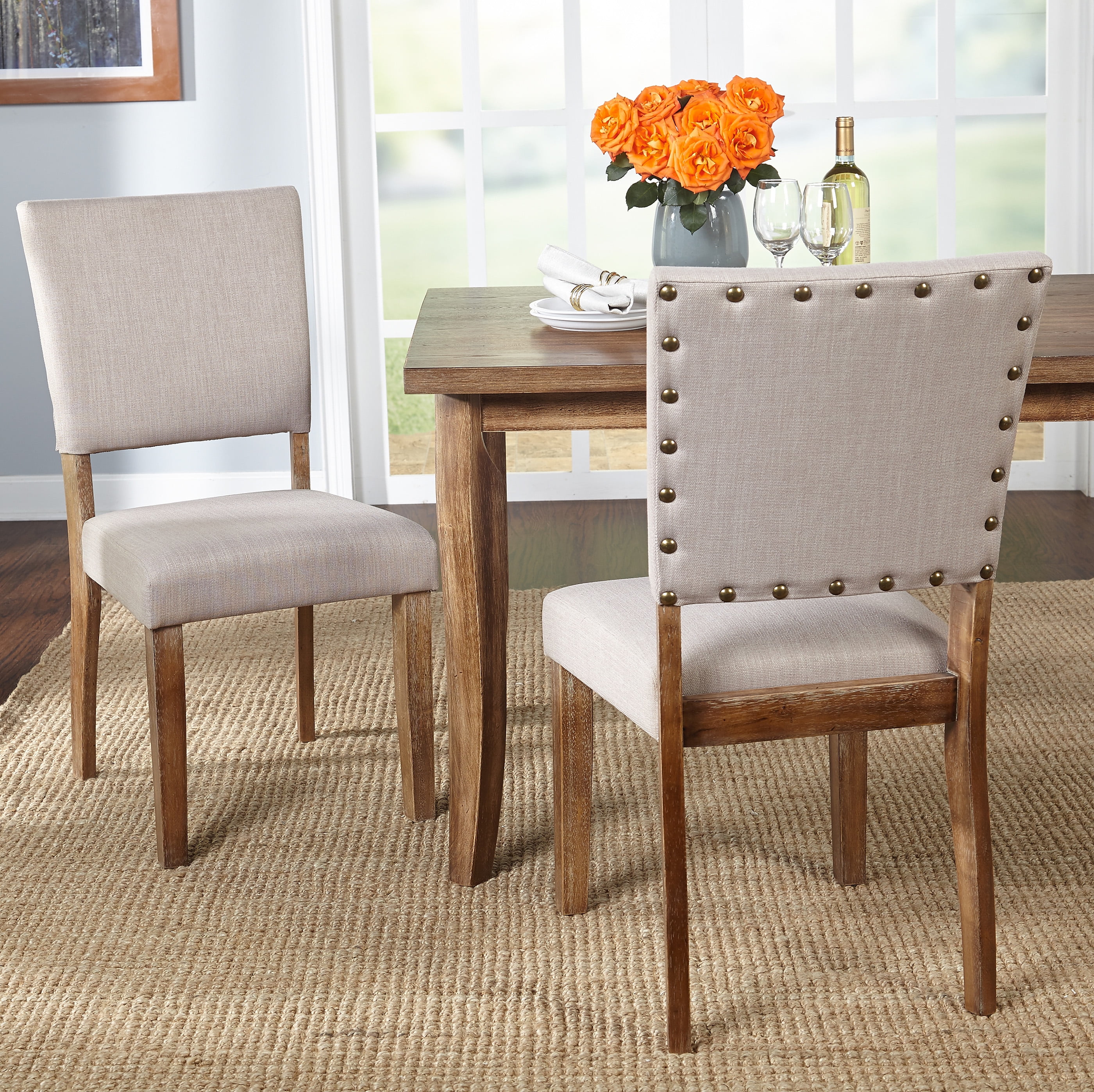 Beige Linen Upholstered Parsons Side Chair with Wood Legs