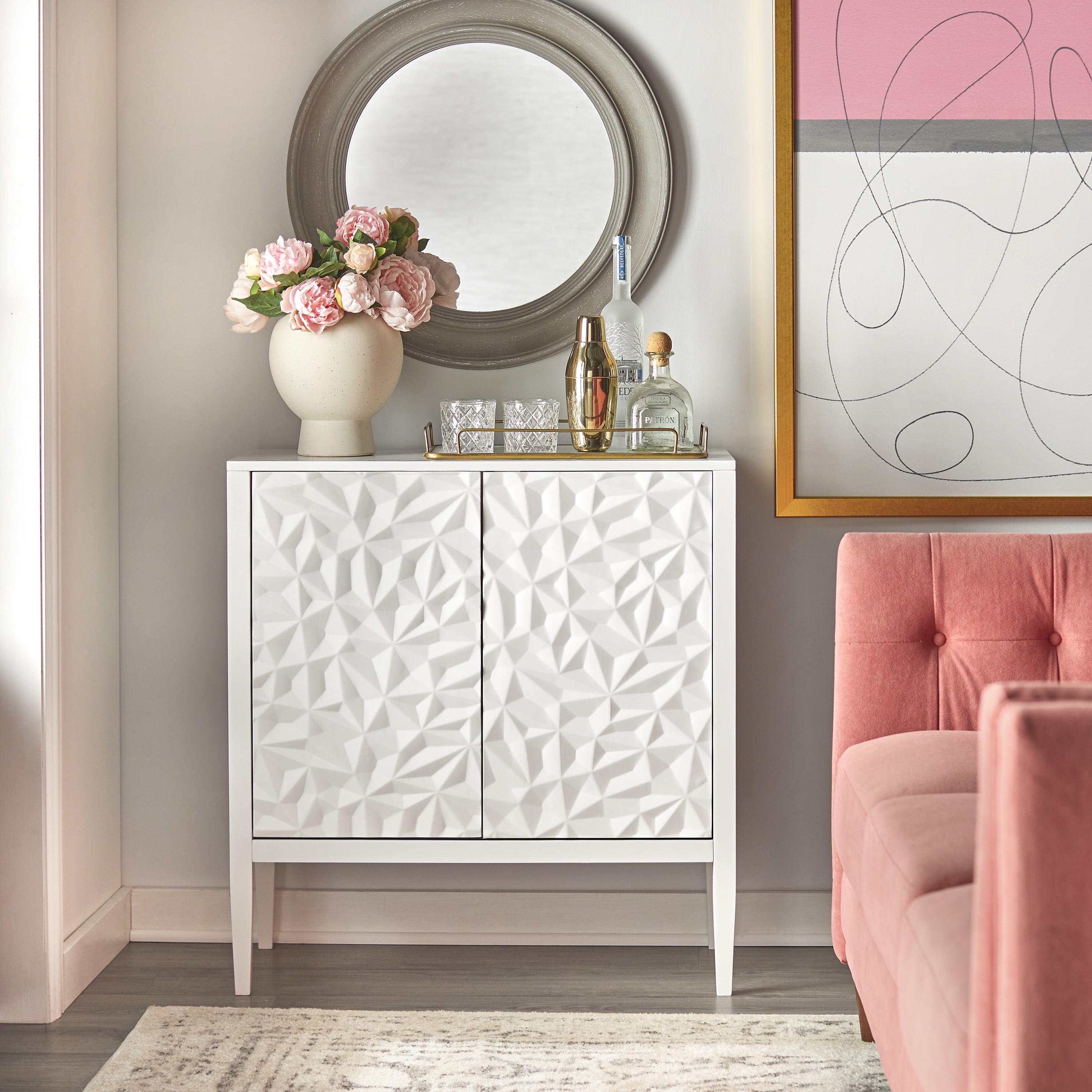 White Geometric 2-Door Cabinet with Pinewood Legs