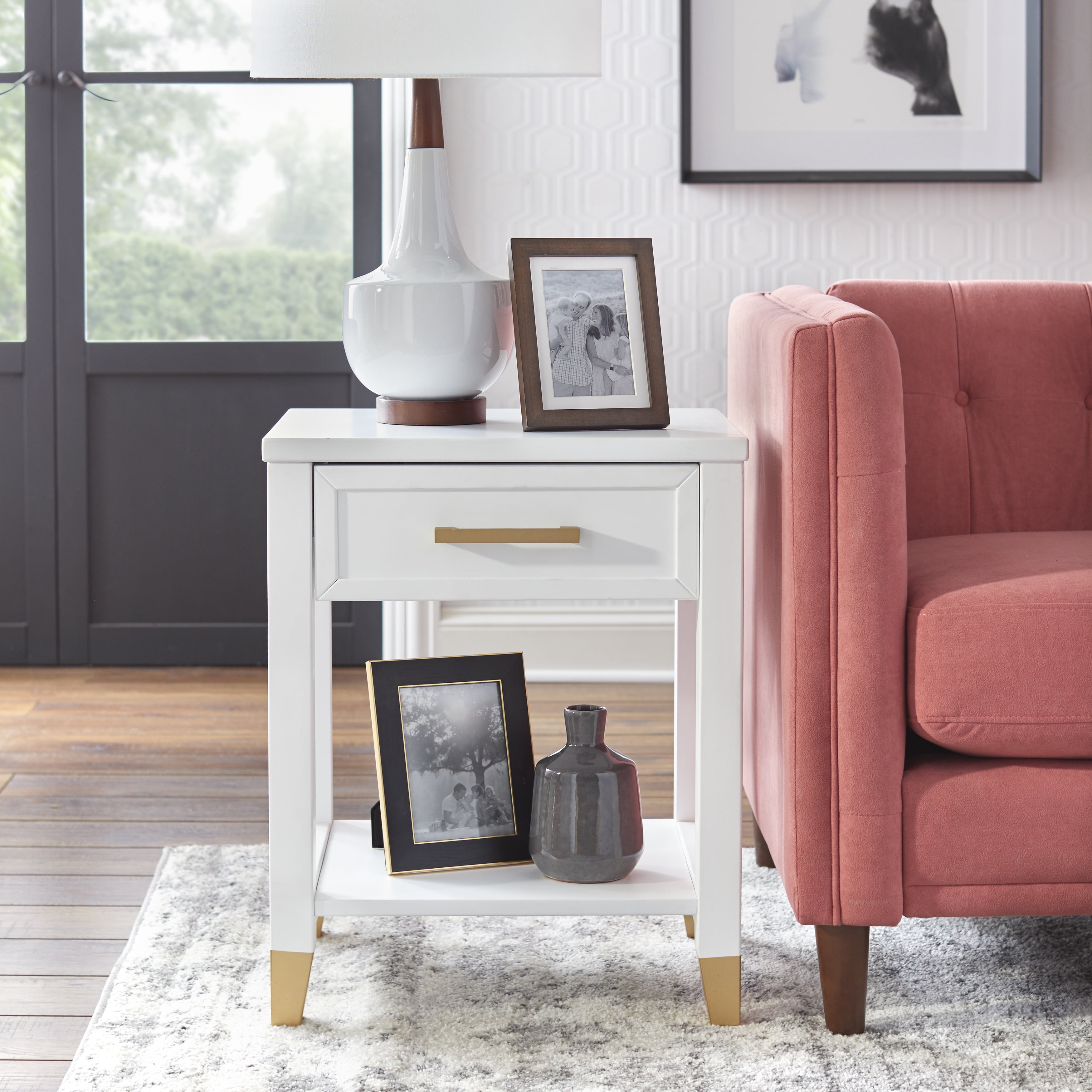 TMS Rena Rectangular End Table and Pine Wood Legs, White Finish