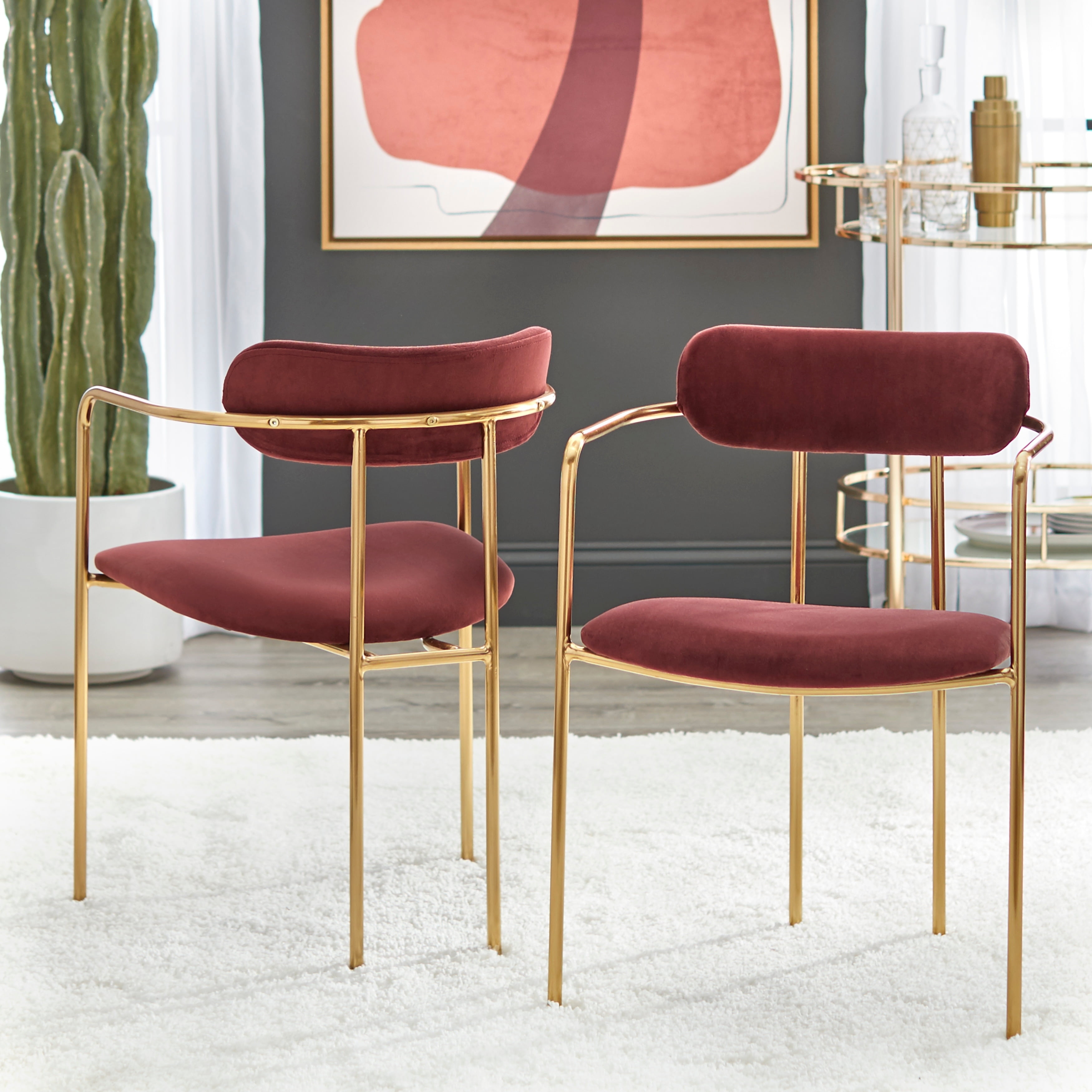 Set of 2 Red Velvet Upholstered Arm Chairs with Metal Frame