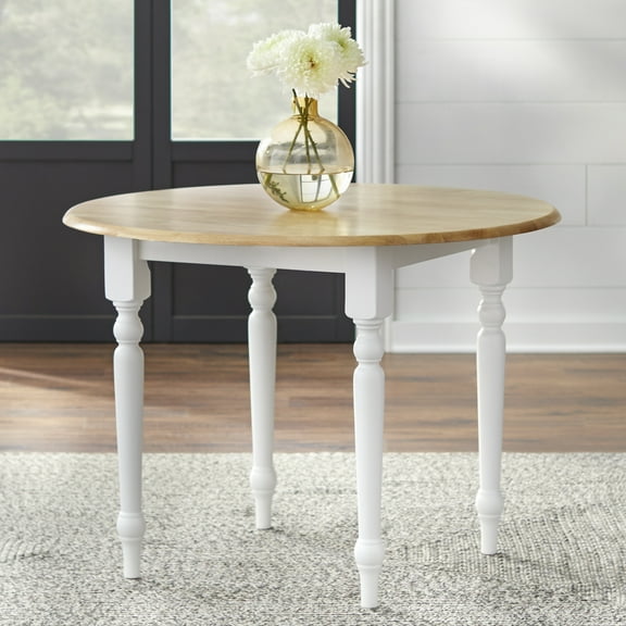 TMS Round Drop-Leaf Dining Table, White/Natural