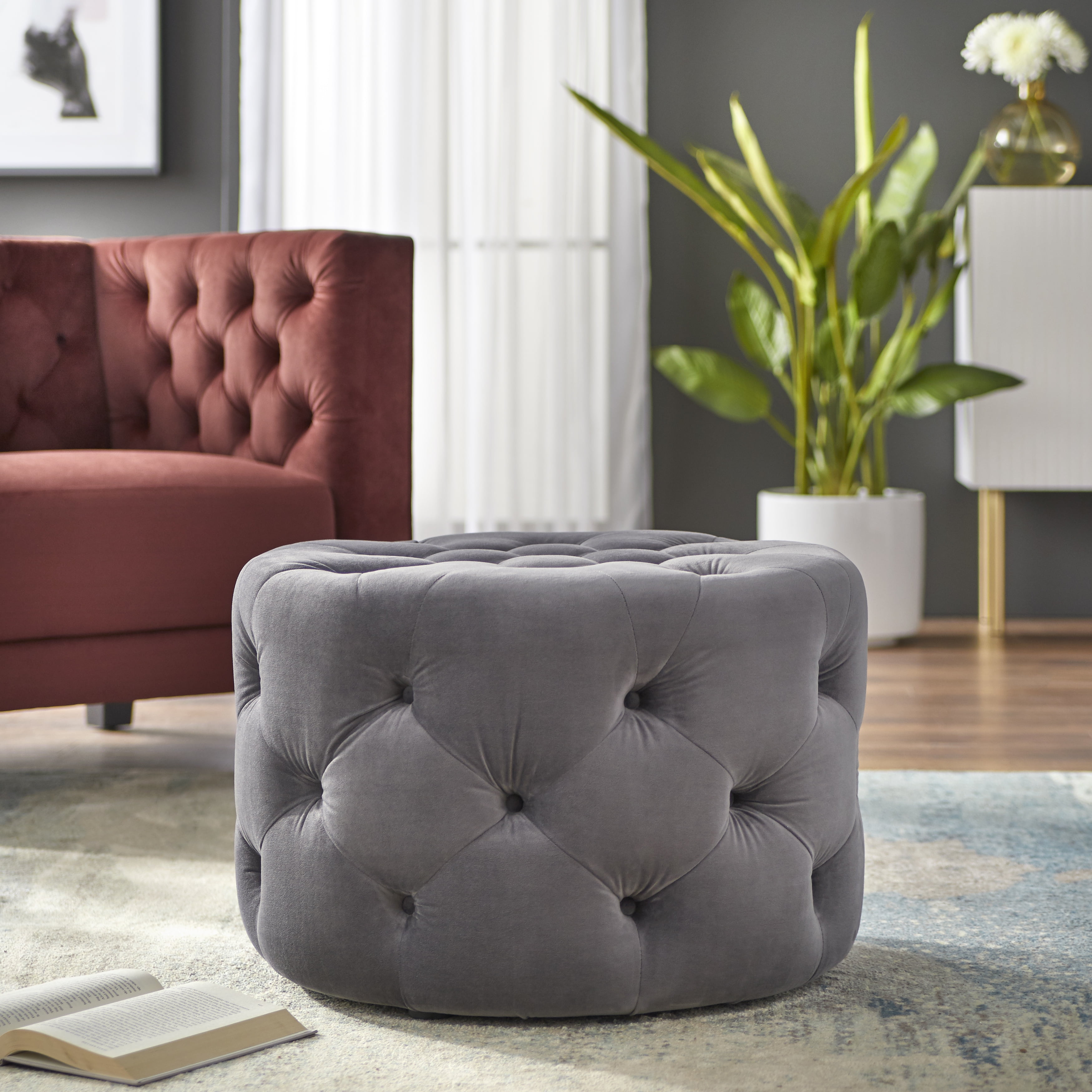 TMS Scopi 24” Transitional Upholstered Round Tufted Wood Ottoman, Gray Velvet