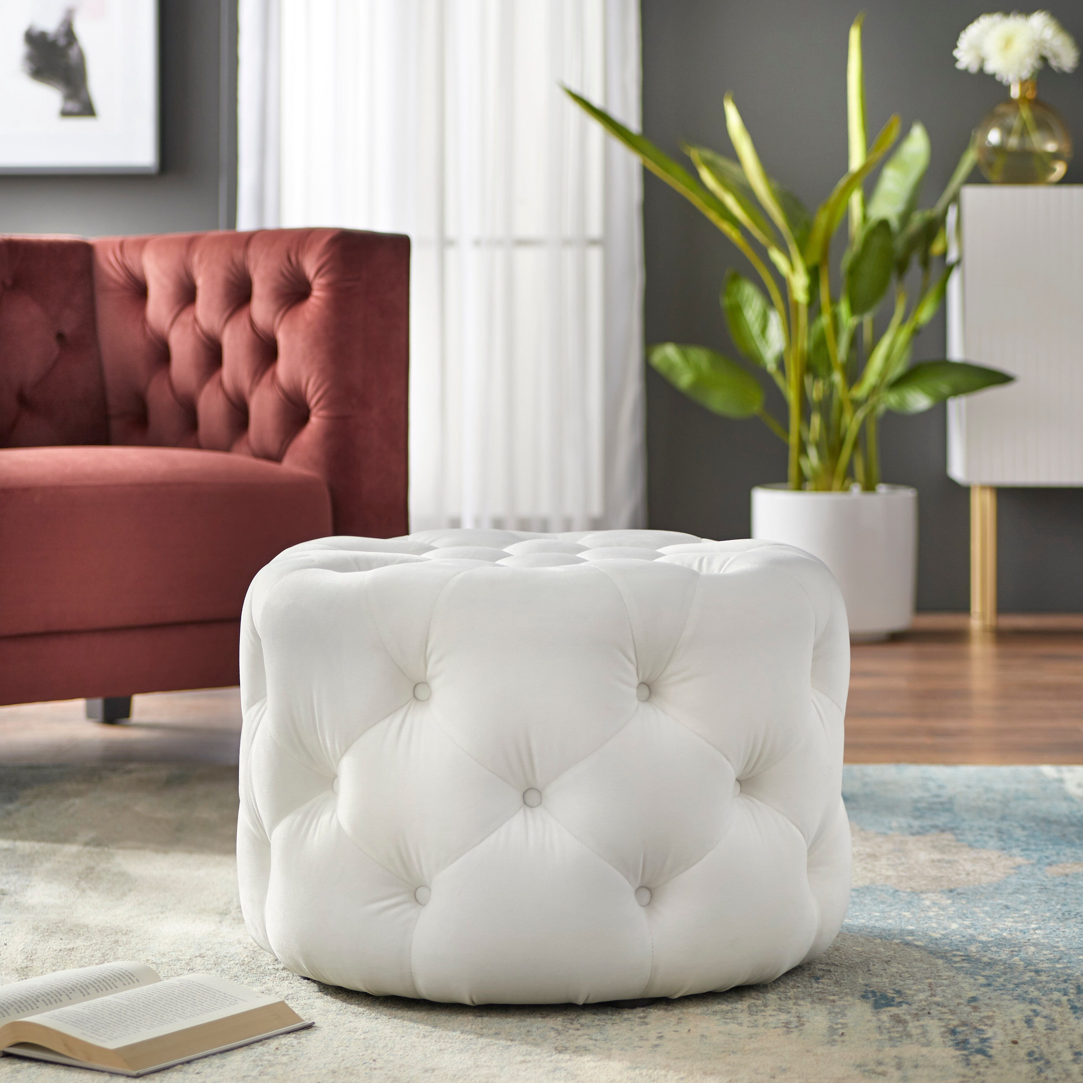 TMS Scopi 24” Upholstered Velvet Round Tufted Ottoman, White Velvet