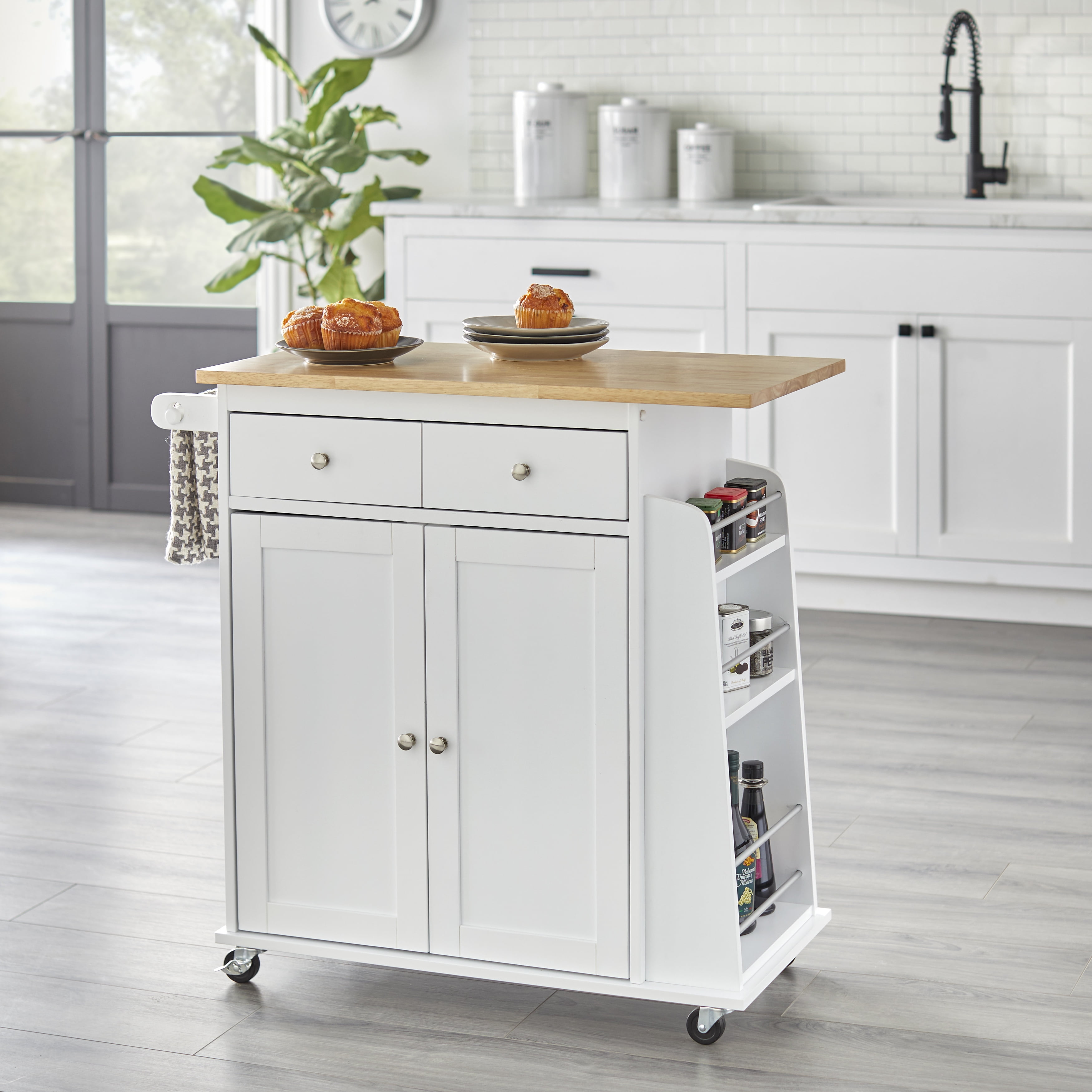White Wood Kitchen Cart with Spice Rack and Storage
