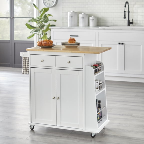 TMS Sonoma Buther Block Rolling Kitchen Cart with Adjustable Shelves, Drawer, Towel Rack, and Spice Rack, White