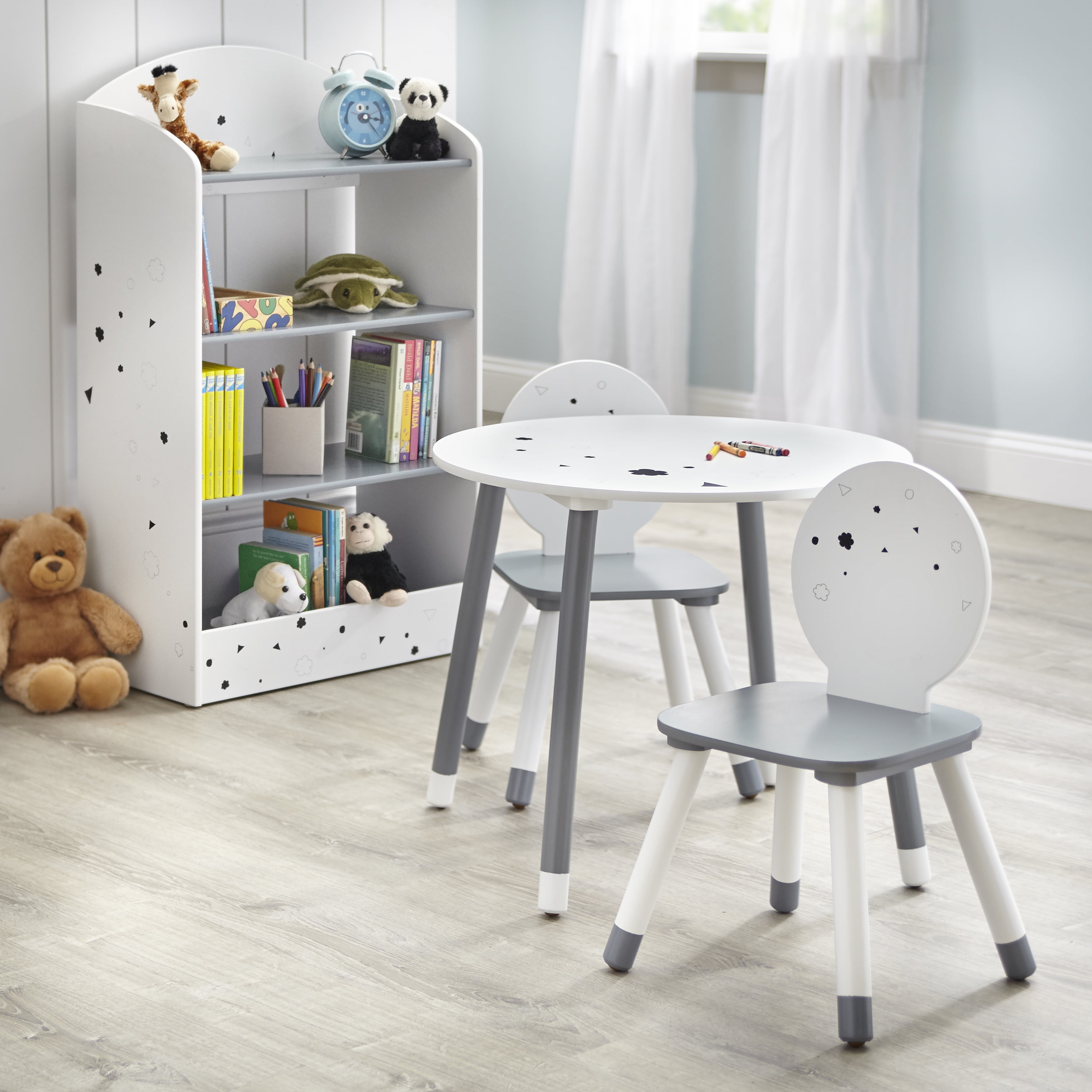 TMS Talori Kids 4-Piece KidsTable and Chair Set with Bookcase, Gray/White