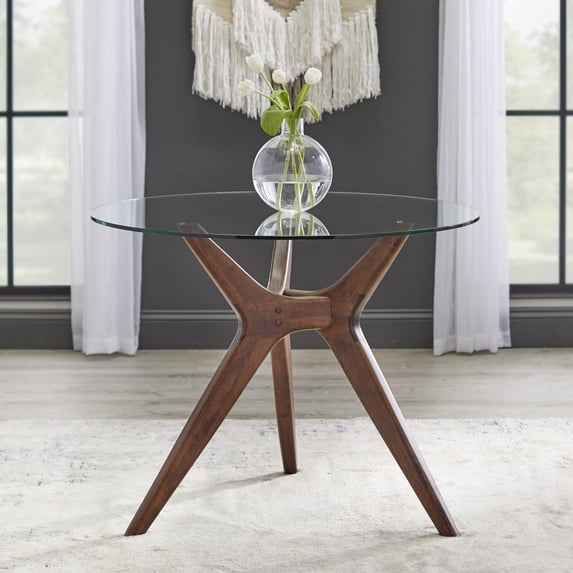 TMS Trita 38" Round Indoor Dining Table with Glass Top, Walnut