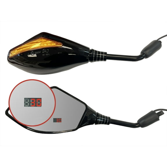 TMS Universal Headup Integrated Rear View Side Motorcycle Mirrors 10mm with GPS LED Speedometer Display and Turn Signal Compatible with Street Bike Dirt Bike US PATENT NO. US9,372,344B2