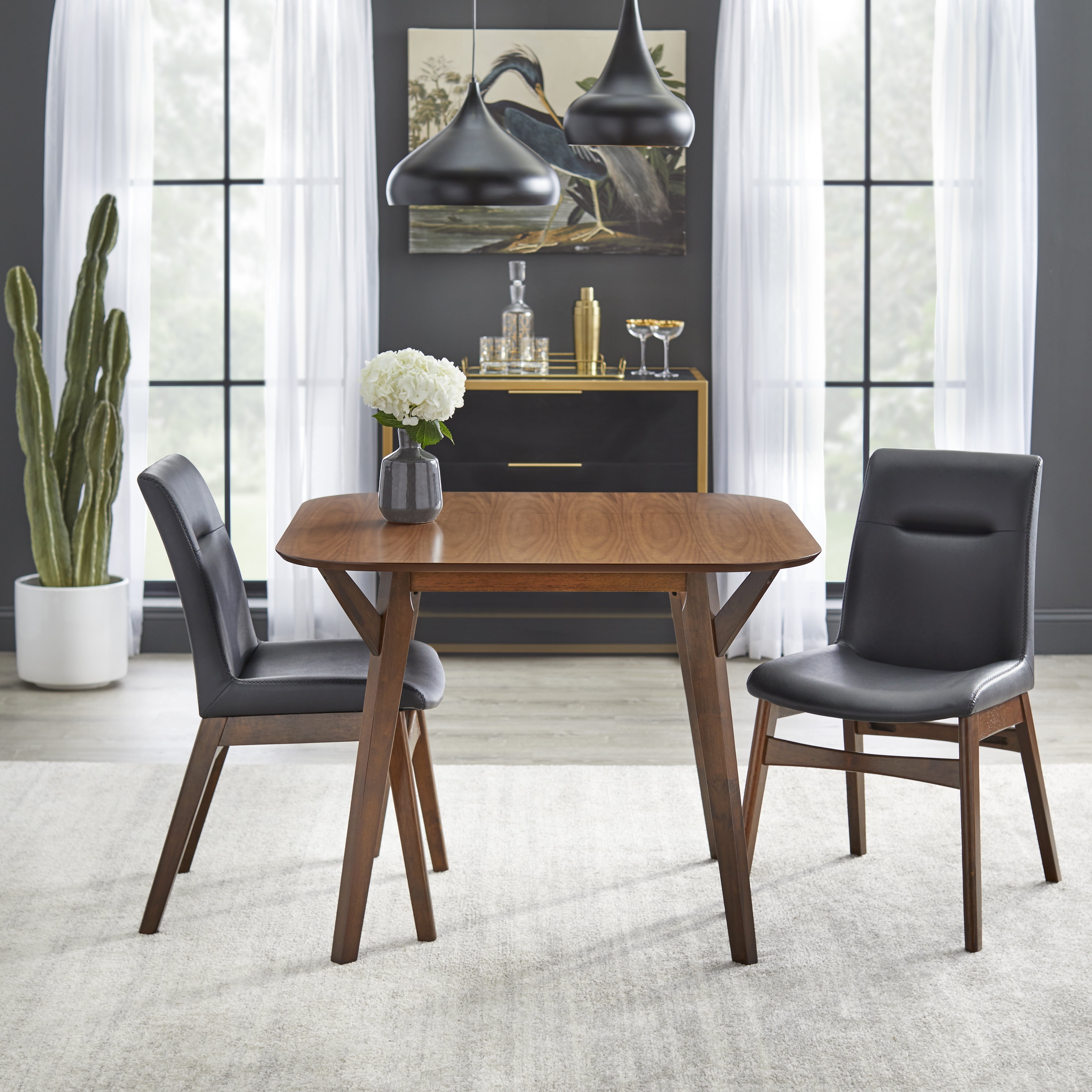 TMS Vance 3 Piece Square Dining Furniture Set, Seats 2, 30" high Table, Walnut with Black Faux Leather Chairs