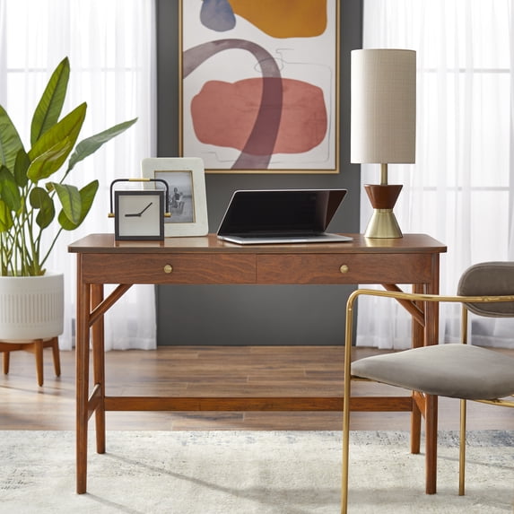TMS Vera Mid-Century Modern 2-Drawer Desk, Walnut Finish
