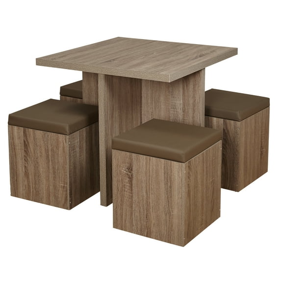TMS Vertex 5-Piece Compact Dining Set with Sorage, Reclaimed Natural/Taupe Faux Leather