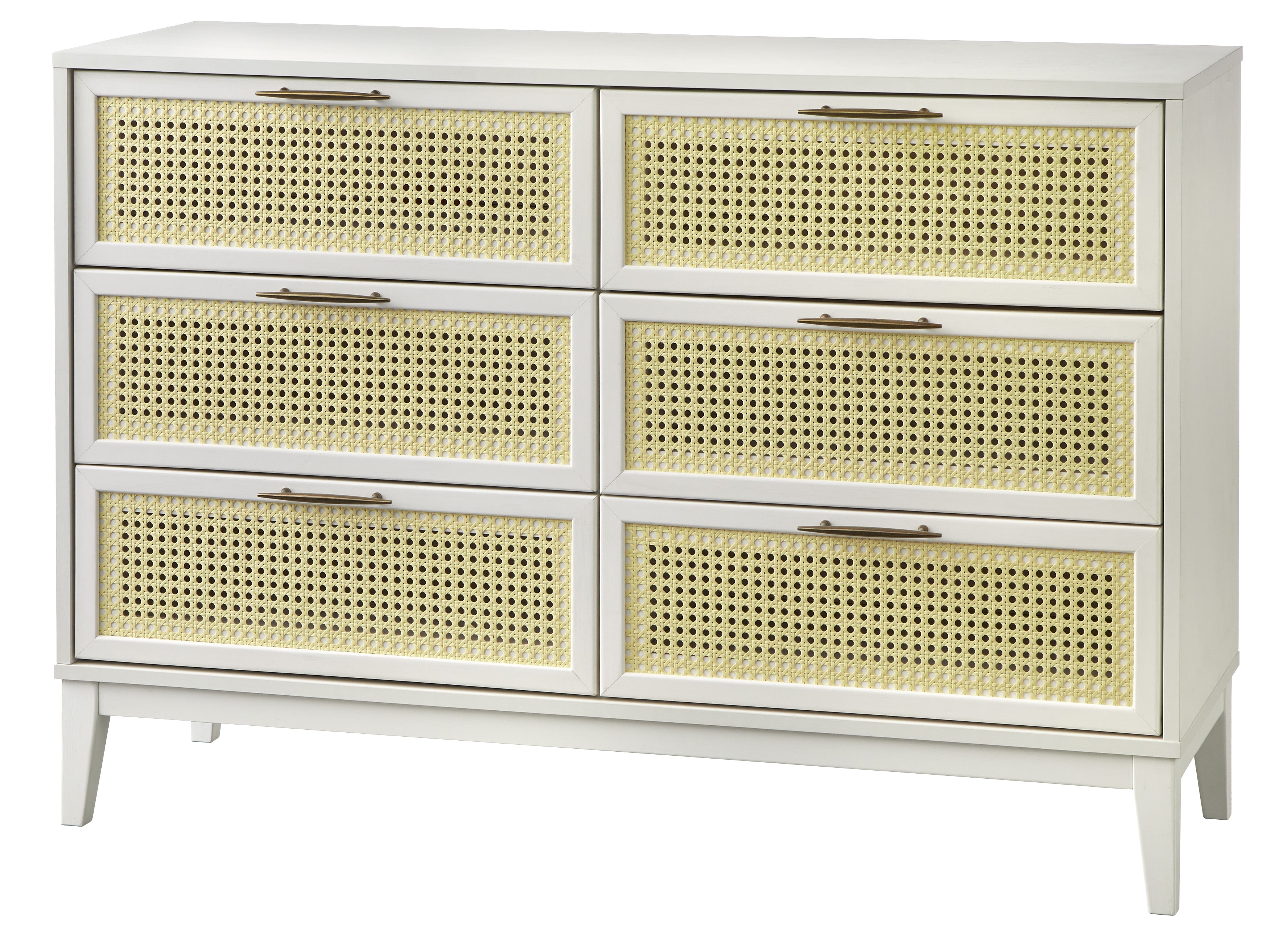 Mid-Century White and Natural Rubberwood 6-Drawer Dresser with Gold Hardware