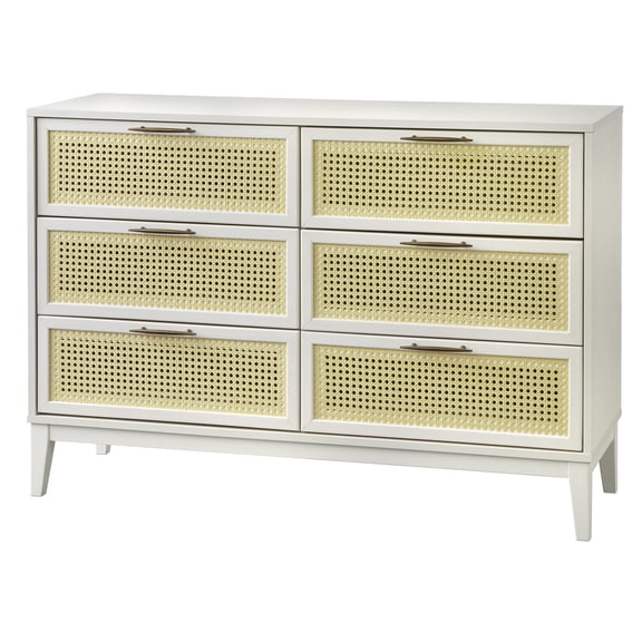 TMS Watson 6-Drawer Dresser with Natural Cane Drawer Fronts, White