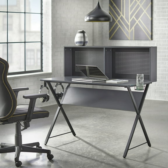 TMS Willmore Computer Desk with Drink Holder, Hooks and Organizing Panel, Gray