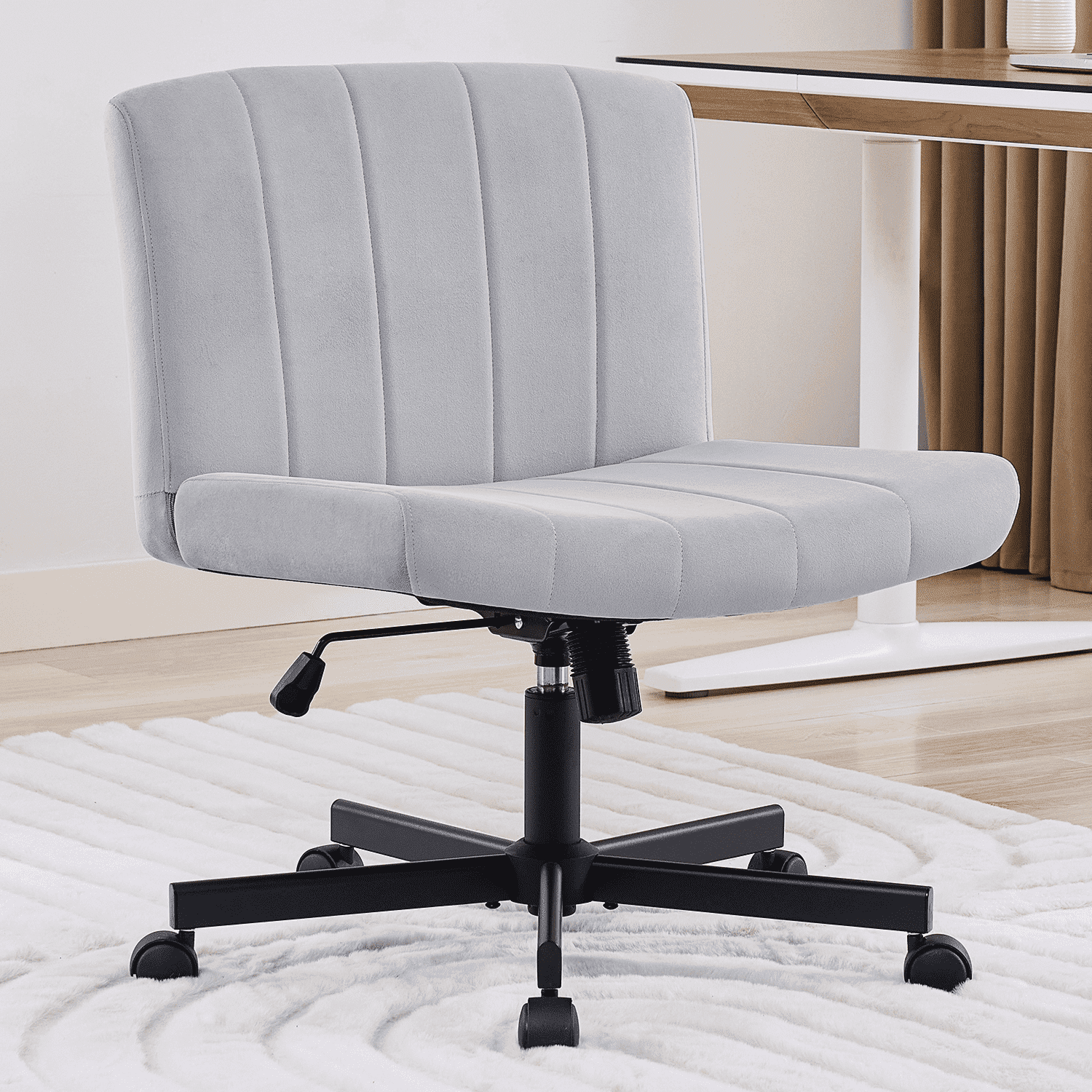 TMV Criss Cross Chair–Armless Office Chair, Fabric Padded Vanity Chair Computer Chair with Wheels, Wide Seat Swivel Desk Chair for Home Office，Gray