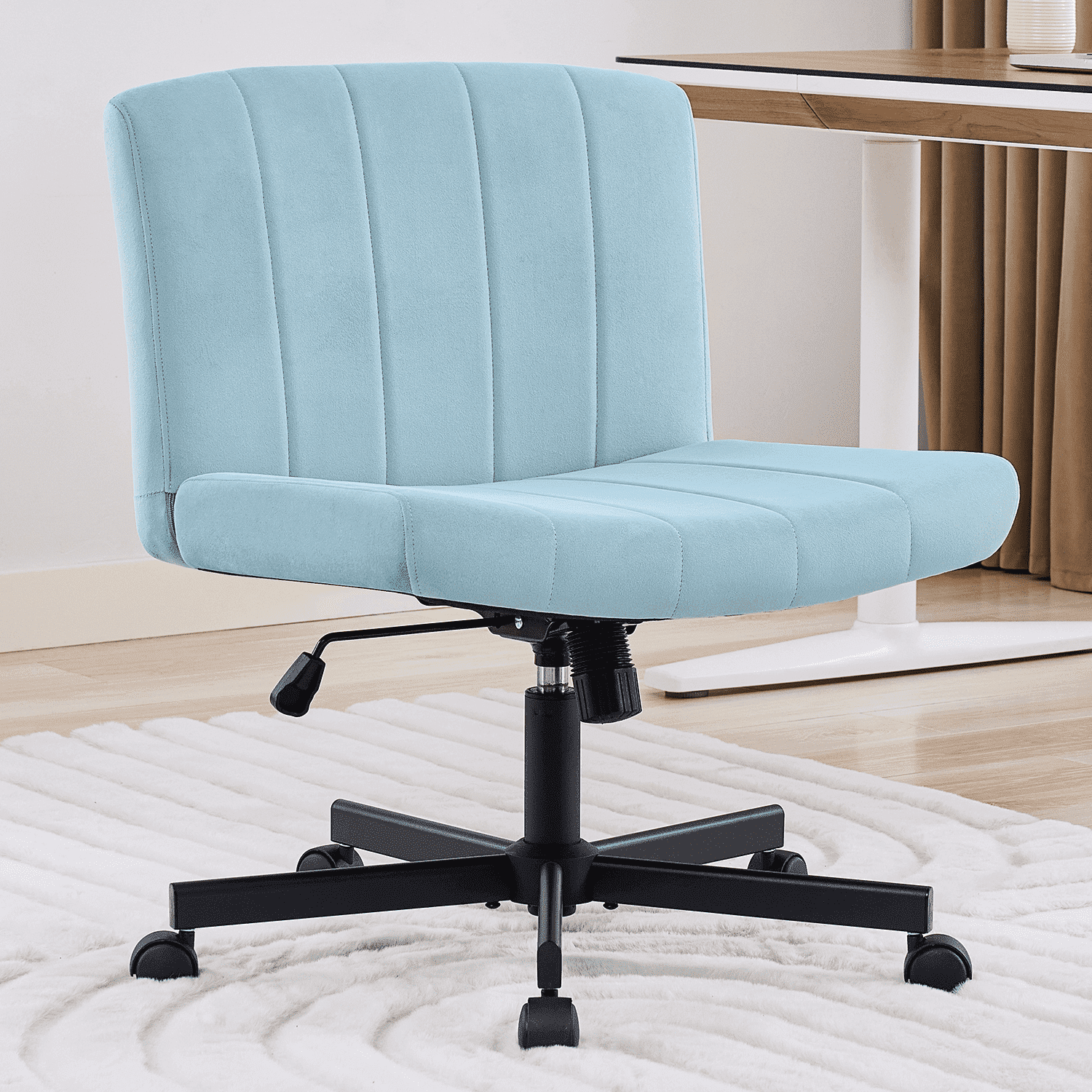 TMV Criss Cross Chair–Armless Office Chair, Fabric Padded Vanity Chair Computer Chair with Wheels, Wide Seat Swivel Desk Chair for Home Office，Pale Blue