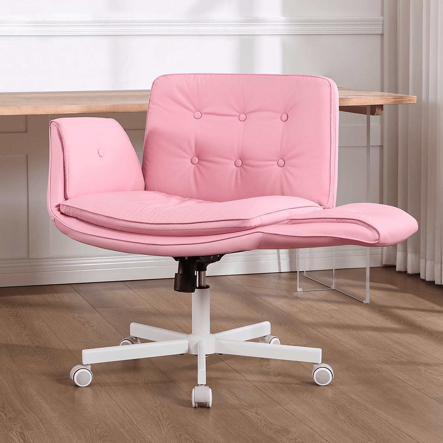 TMV Criss Cross Chair with Wheels & Armrests, Comfy Wide Vanity Chair, PU Leather Cross Legged Desk Chair, Height Adjustable Computer Office Desk Chairs for Home＆Makeup＆Bedroom，Pink