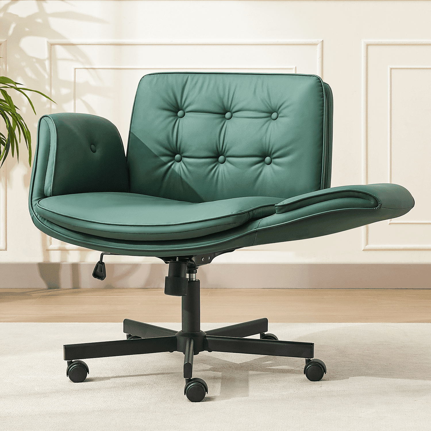 TMV Criss Cross Chair with Wheels & Armrests, Comfy Wide Vanity Chair, PU Leather Cross Legged Desk Chair, Height Adjustable Computer Office Desk Chairs for Home＆Makeup＆Bedroom，Green