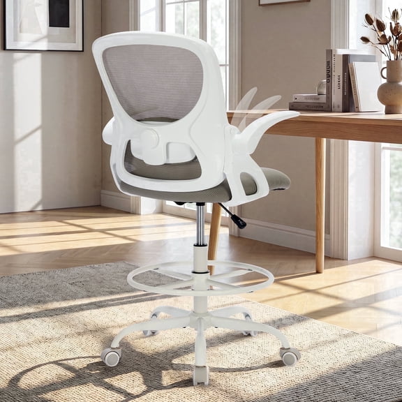 TMV Drafting Chairs Adjustable Height Desk Chair, Ergonomic Office Chair with Foot Rest, Computer Chair,White-Gray