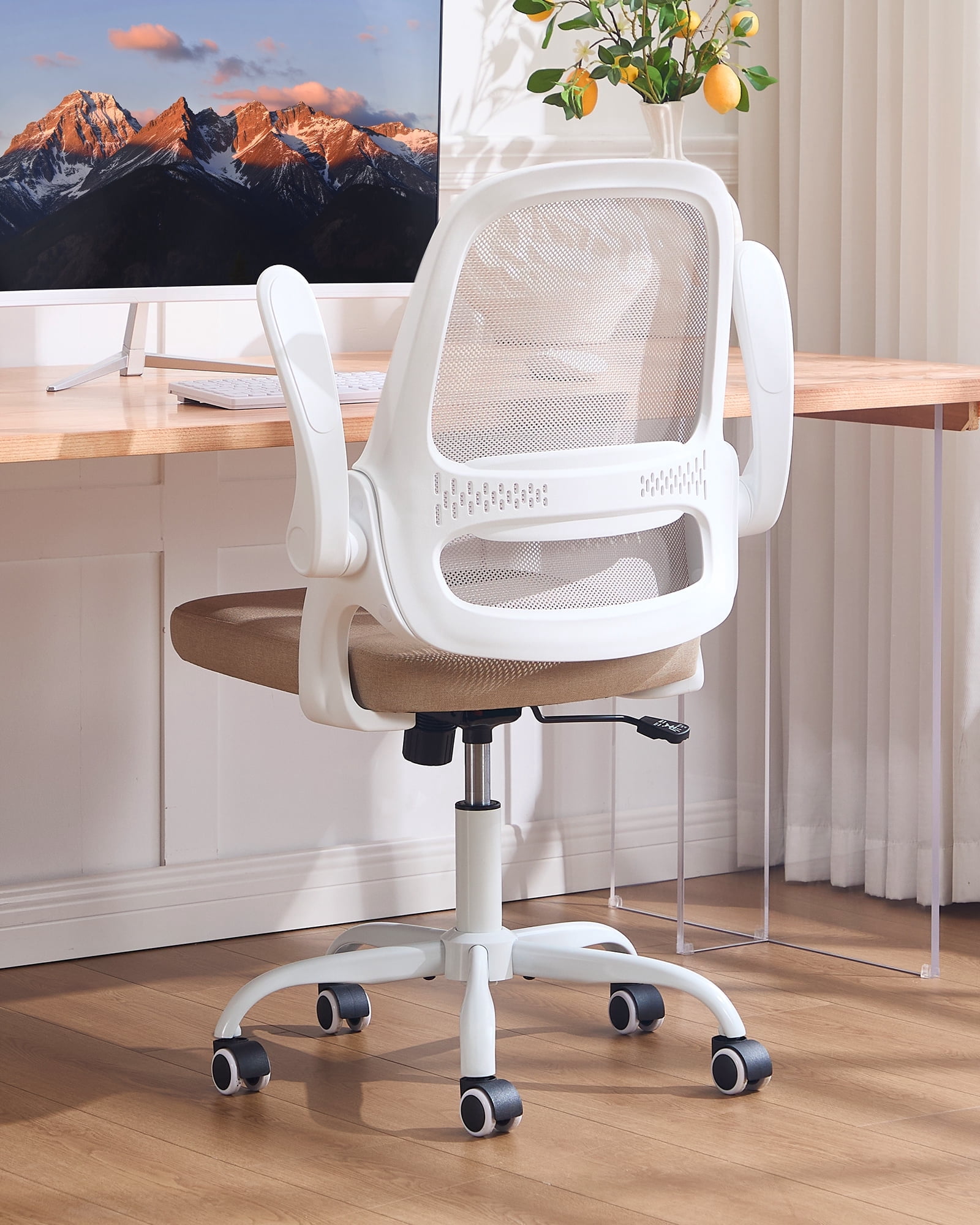 TMV Ergonomic Office Chair, Mesh Computer Chair with Wide Seat & Arms - Rolling Desk Chair with Wheels for Home Office, Gaming, or Living Room,Beige