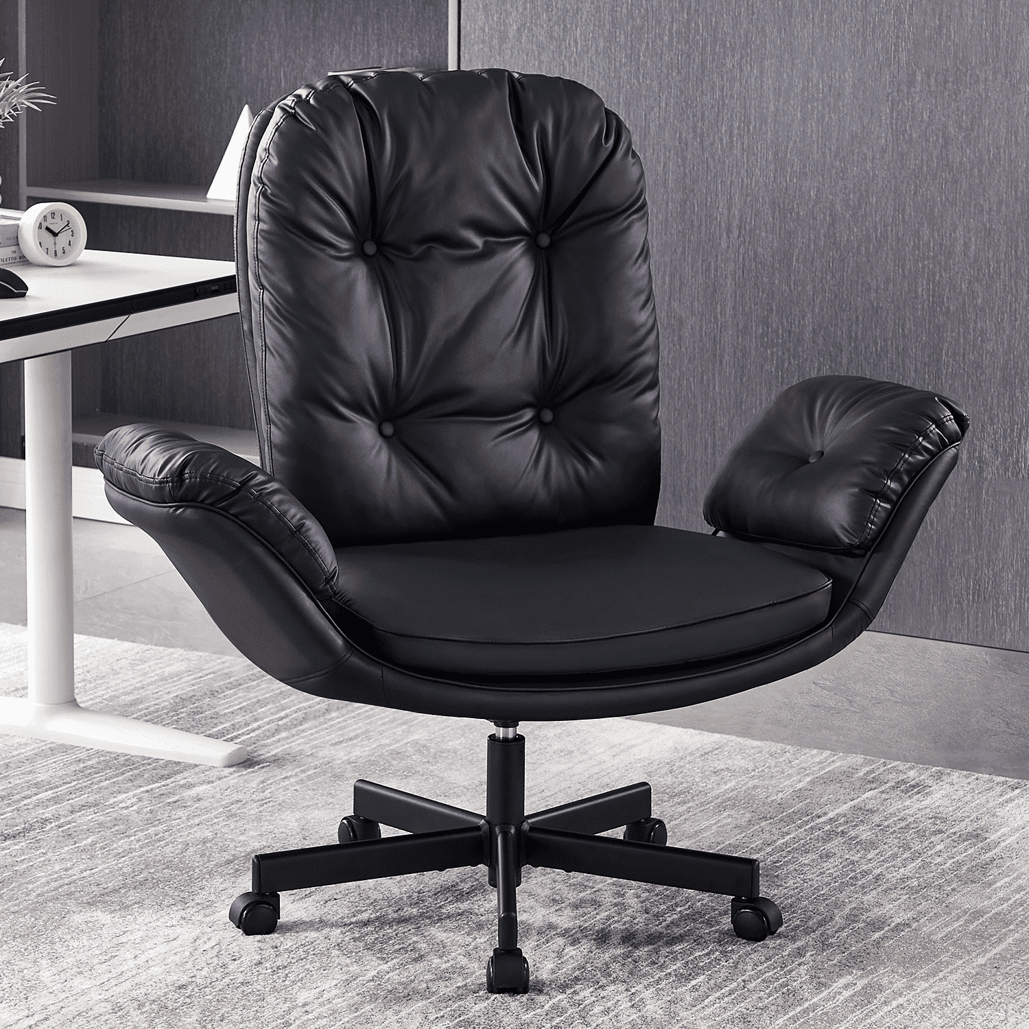 TMV PU Leather Office Chair Criss Cross Chair,Vanity Chair with Armrests & Wheels for Cross-Legged,Adjustable Swivel Desk Chair Wide Rolling Chair for Adults,Black