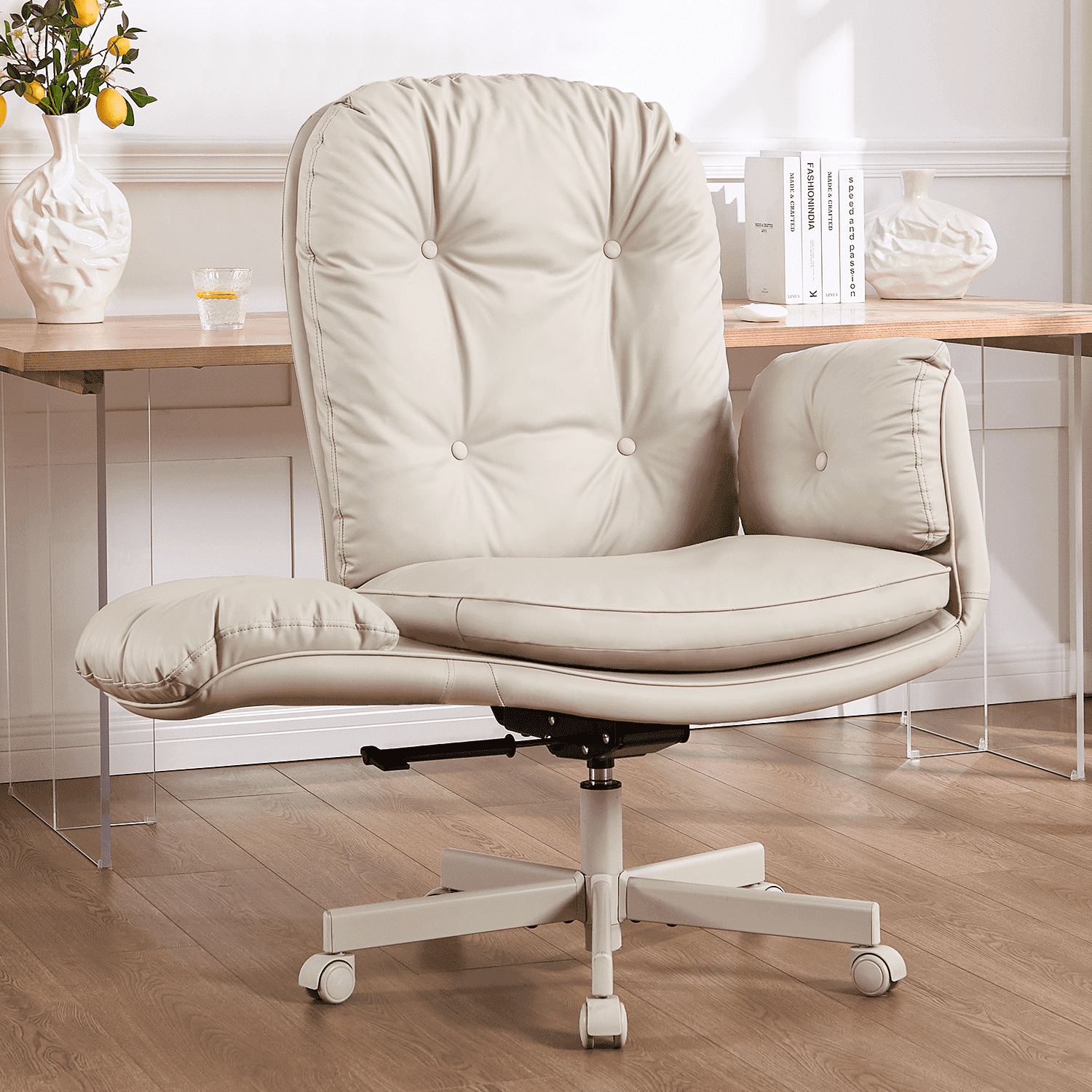 TMV PU Leather Office Chair Criss Cross Chair,Vanity Chair with Armrests & Wheels for Cross-Legged,Adjustable Swivel Desk Chair Wide Rolling Chair for Adults,Cream