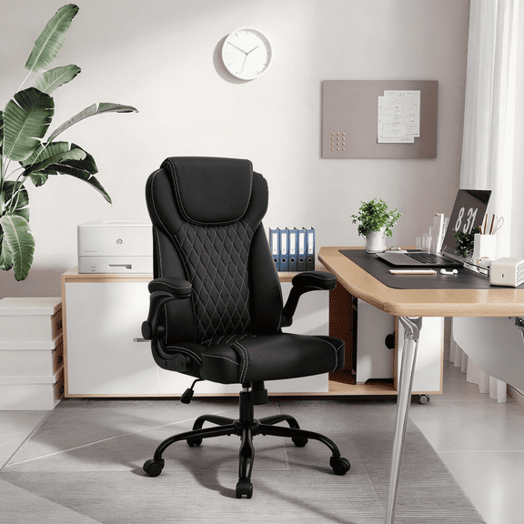 TMV Office Chair, Ergonomic Big and Tall Computer Desk Chairs, Executive PU Leather Chair with Adjustable Flip-up Armrests, Lumbar Support Swivel PC Chair with Rocking Function,Black