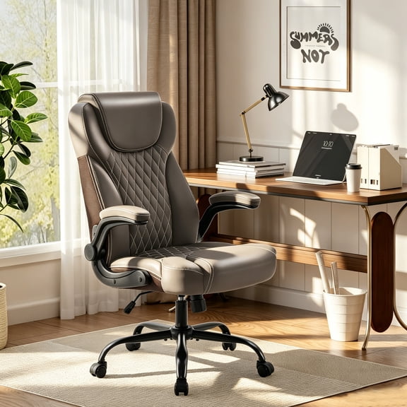 TMV Office Chair,Ergonomic Big and Tall Computer Desk Chairs,Executive PU Leather Chair with Adjustable Flip-up Armrests,Lumbar Support Swivel PC Chair with Rocking Function,Brown