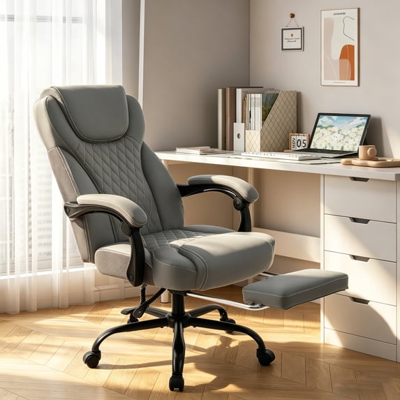 TMV Office Chair, Ergonomic Big and Tall Office Chair with Foot Rest, Executive Chair for Home Desk, Reclining High Back Leather Chairs with Lumbar Support,Grey