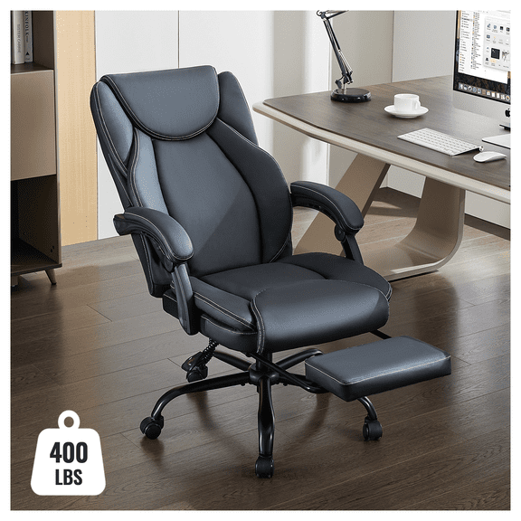 TMV Reclining Ergonomic Office Chair - Big and Tall Executive Desk Chair, Comfy Leather Computer Chair for Home Office with Foot Rest,Grey