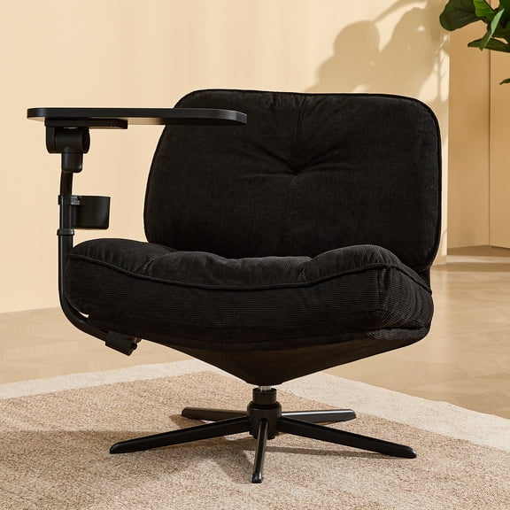 TMV Swivel Accent Chair Living Room Chairs with Tray Table and Cup Holder – Wide Seat,360°Swivel,Reading Chair,Corduroy Chaise Lounge Chair Indoor,Black