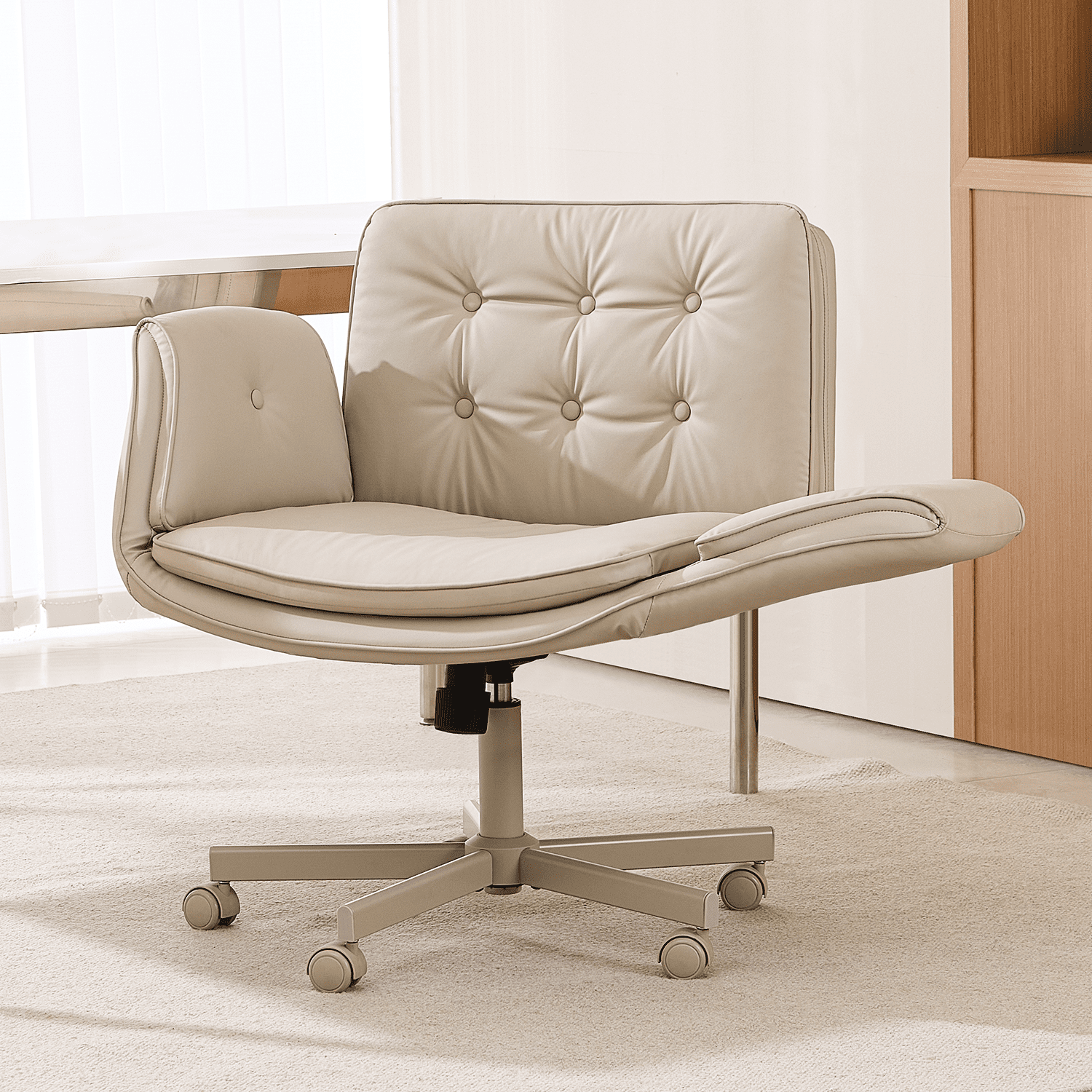 TMV Vanity Chair Oversized, Criss Cross Design Office Desk Chair - Big & Tall Computer Chair with Foldable Arms, Swivel and Wheels,Cream
