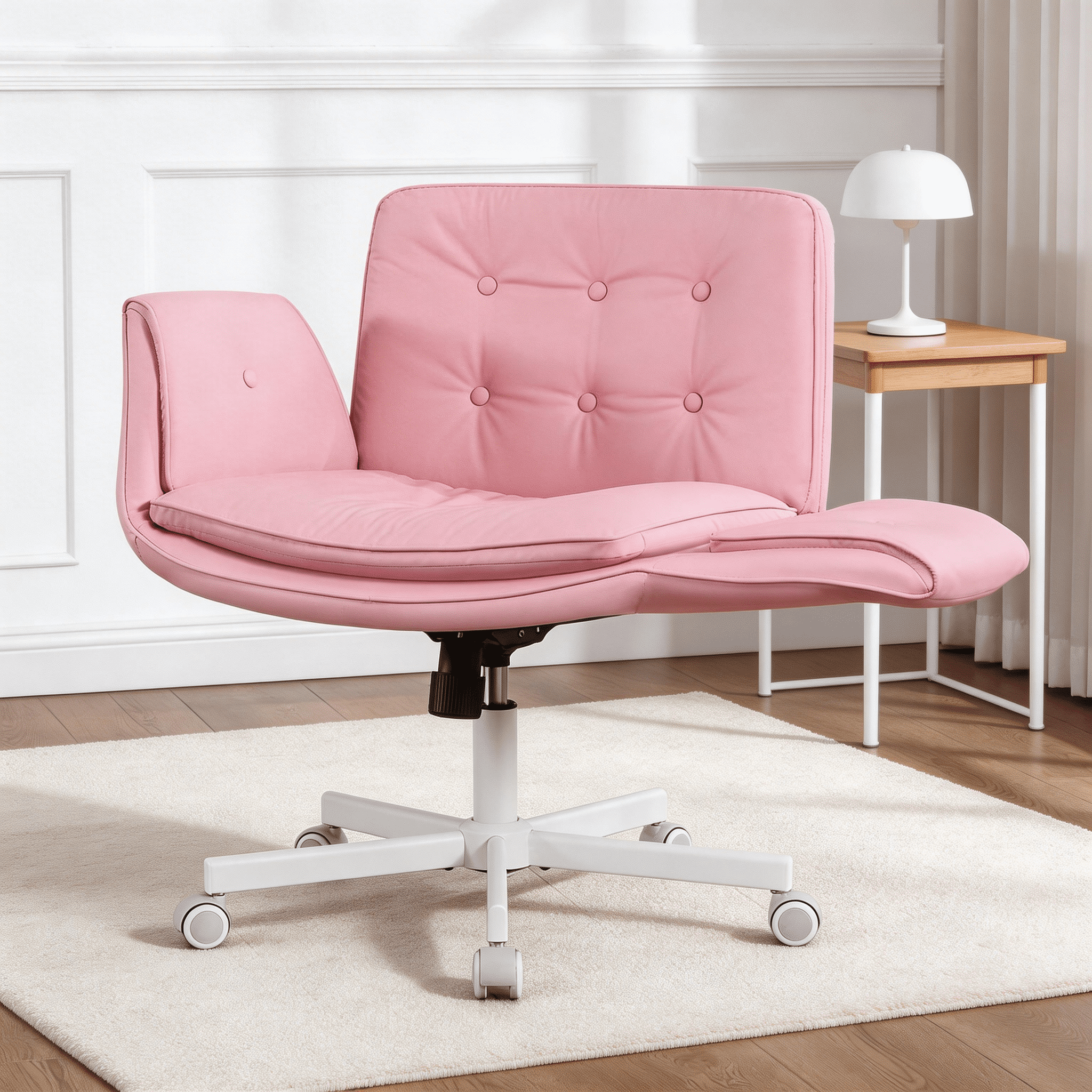 TMV Vanity Chair Oversized, Criss Cross Design Office Desk Chair - Big & Tall Computer Chair with Foldable Arms, Swivel and Wheels,Pink
